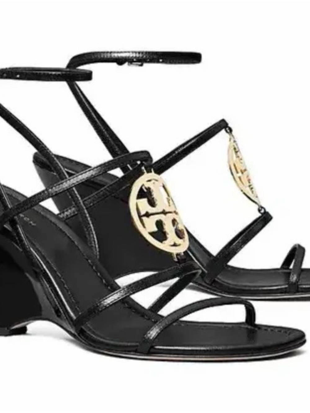 Tory Burch Miller Strappy Sandal • Black Patent Leather • Gold Logo • Never Worn